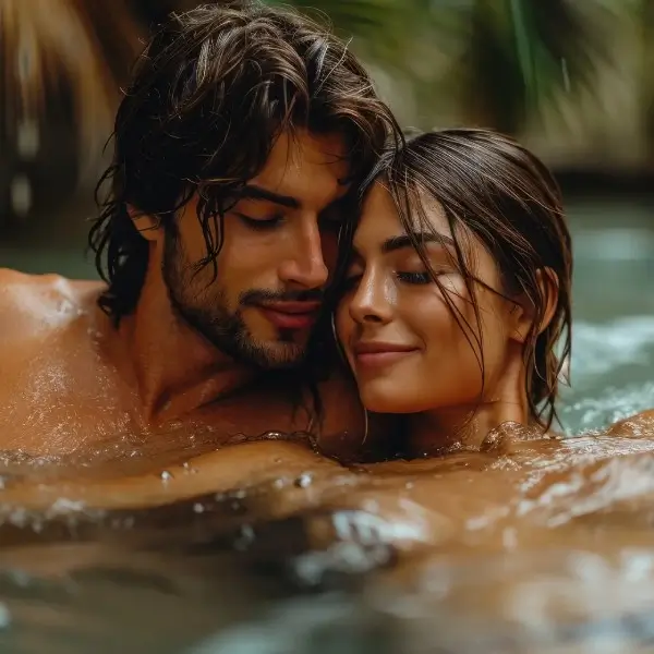 couple in tropical resort pool