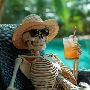 skeleton lounging by tropical pool with drink