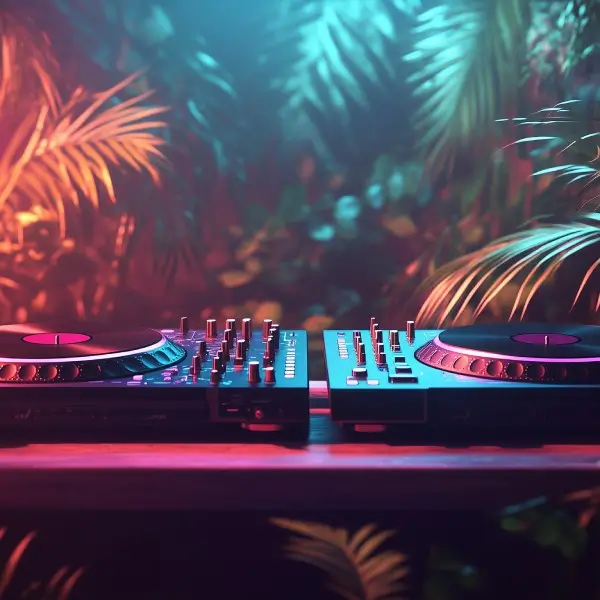 tropical dj turntable with neon lights