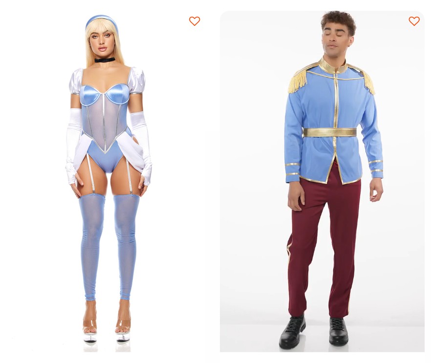 Matching fairytale couples costumes with a woman in a Cinderella costume and a man in a Prince Charming suit.
