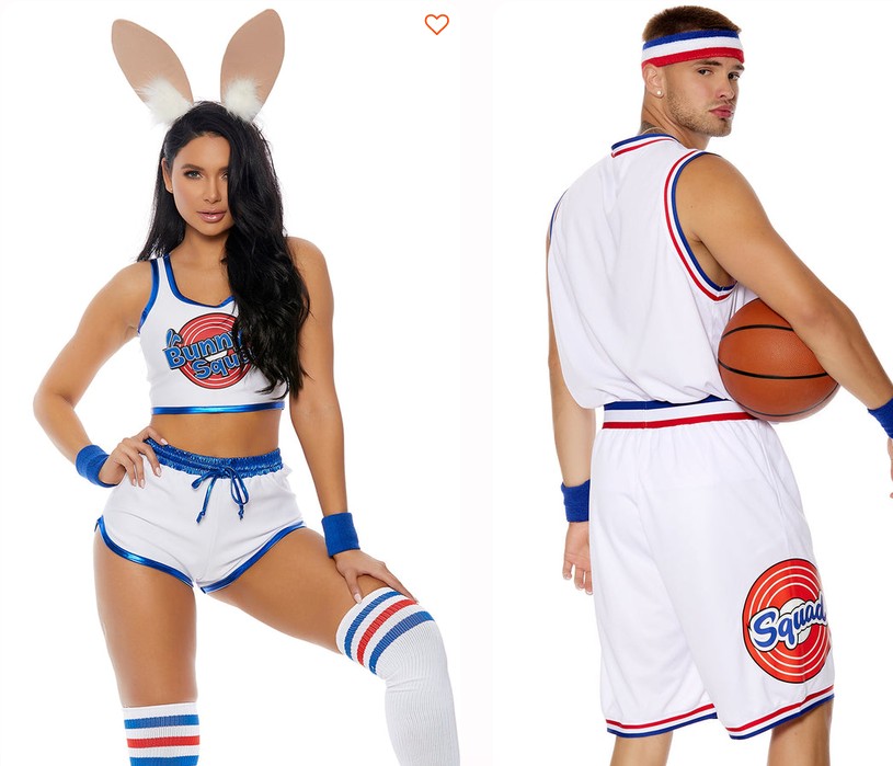 Matching couples costumes featuring a woman in a white and blue Bunny Squad two-piece outfit and a man wearing a white athletic Tune Squad uniform with sweatbands.